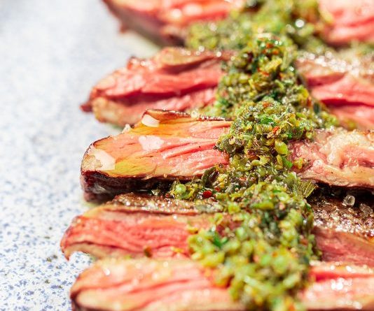 Grilled hanger steak at 60 C with infused chimichurri sauce Sous Vide Cooking